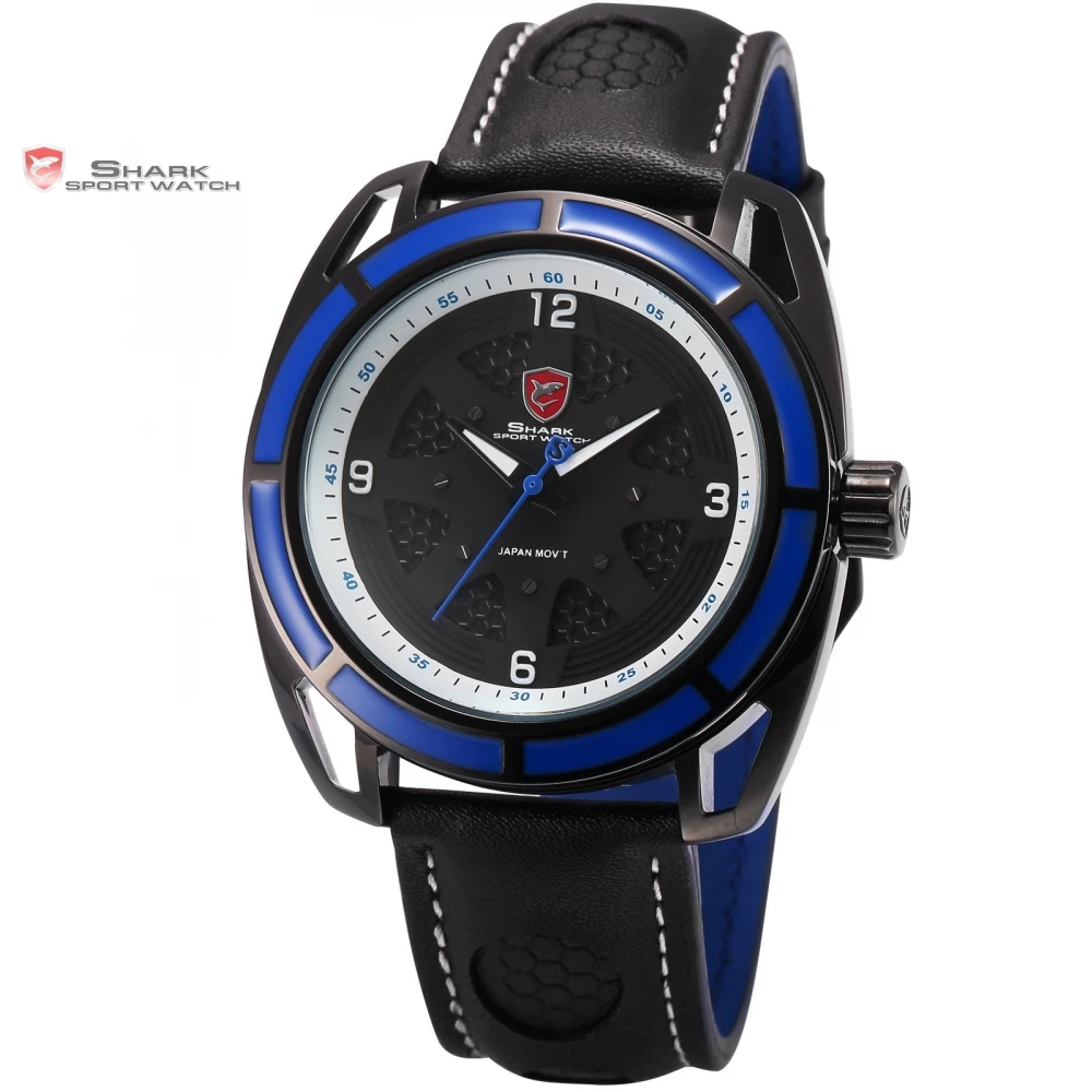 Thresher Shark Sport Watch Montre Homme Black Hollow Lug Blue Case Leather Band Strap Waterproof Quartz Mens Wristwatch / SH474