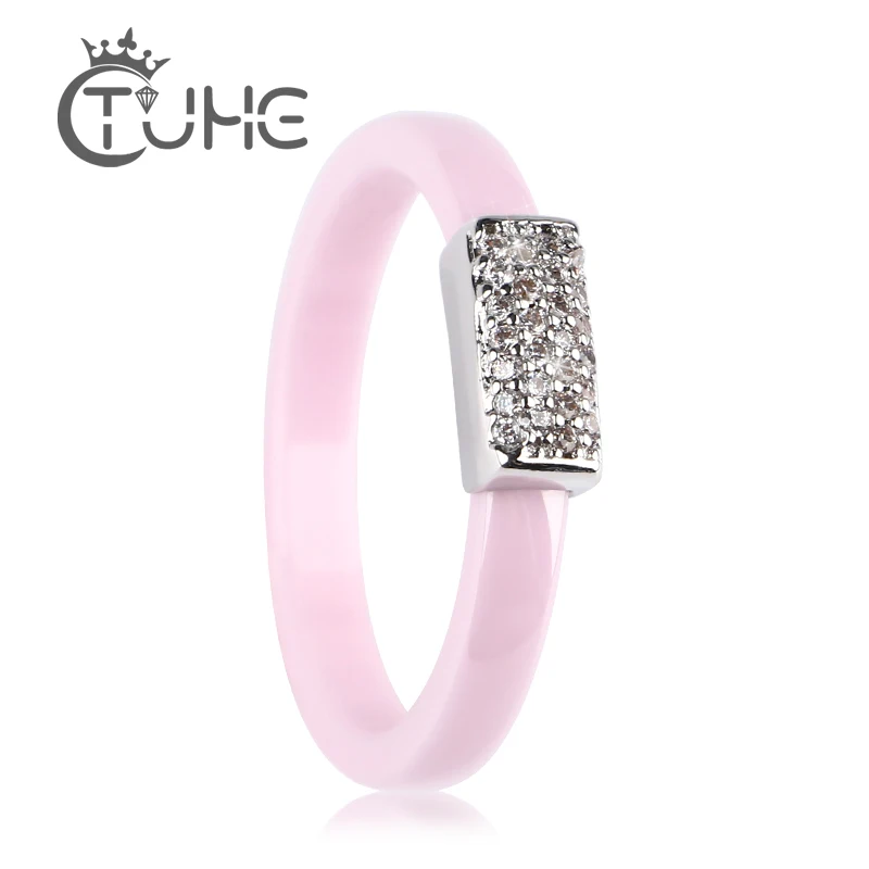 Hot Romantic 3mm Pink Rings for Women Silver Color Crystal Ceramic Rings Shaped Ring Bridal Wedding Jewelry Exquisite