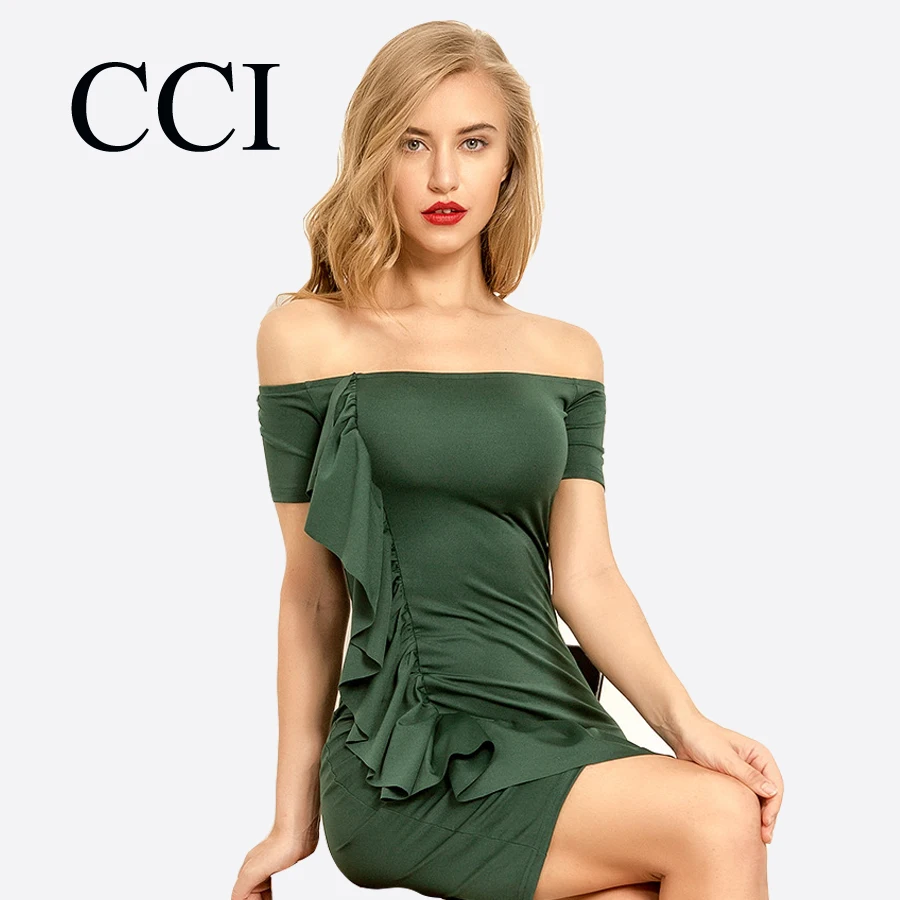 ТПП Off Shoulder Ruffle летнее платье Для женщин Сексуальная спинки Slash шеи Bodycon зеленый