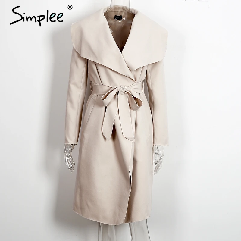 Женское розовое пальто Simplee, элегантное пальто из искусственной кожи с отложным воротником, повседневная длинная шинель сплошного цвета с карманами и поясом - Цвет: Бежевый