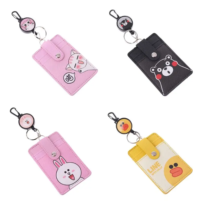 

1Pc Cartoon PU Leather Business ID Credit Card Case Badge Holder Anti-lost Retractable Keychain