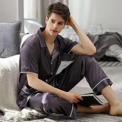 Модные пижамы мужские летние шелковые атласные с коротким рукавом длинные штаны комплекты из двух предметов шелк льда одежда для сна