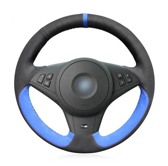 

TommiaBlack Suede Blue Suede Hand Sew Comfortable Car Steering Wheel Cover for BMW E60 M5 2005-2008 E63 E64 Cabrio M6 2005-2010
