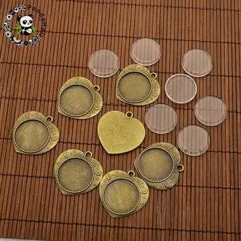 

25mm Transparent Glass Cabochons and Valentine's Gifts Ideas Alloy Heart Carved Word Love Pendant Cabochon Bezel Settings,