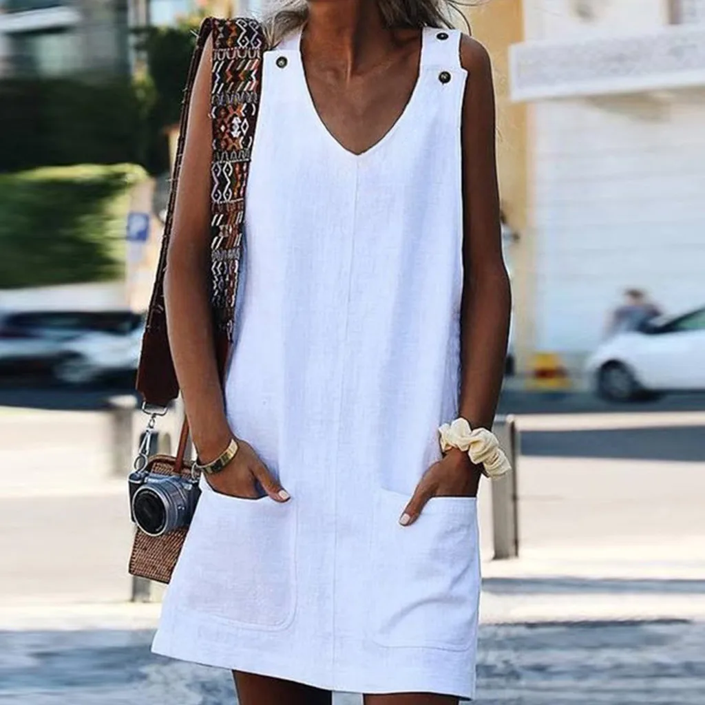 

Women Casual V Neck Sleeveless Pocket Dresses Linen Plain Mini Dresses Summer new Casual elegant Loose dress for travel Apr 11