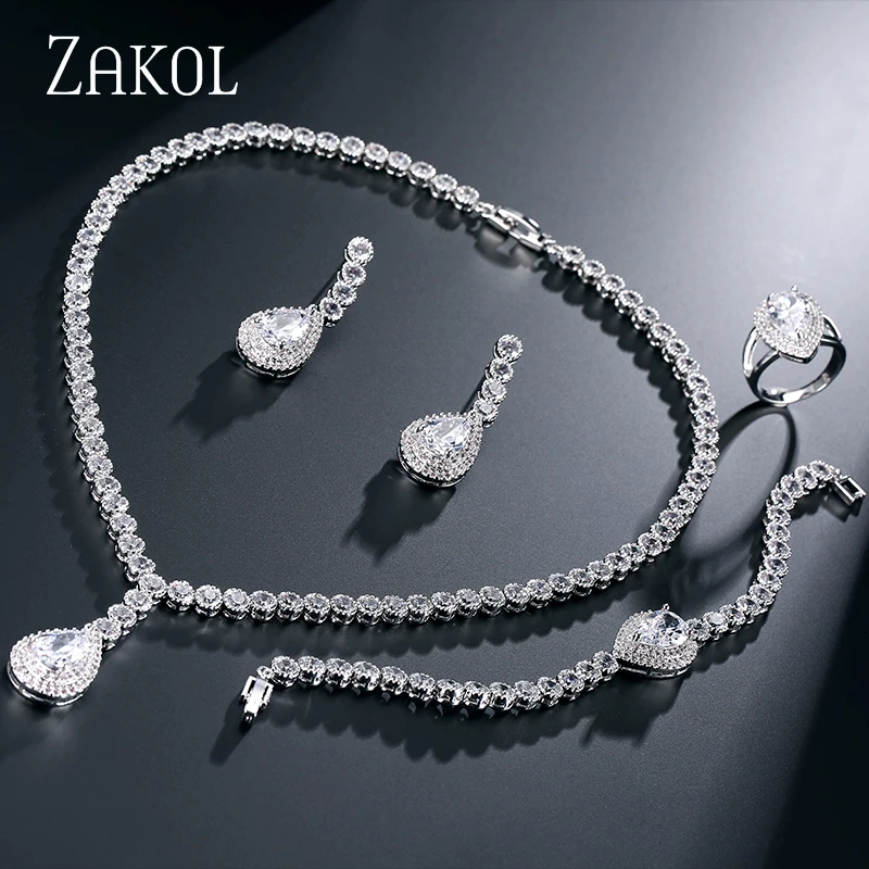 ZAKOL Trendy Round Water Drop Shape Cubic Zirconia Diamond Wedding Jewelry Set With Platinum Plated For