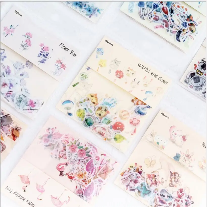 

40 pcs/packHand-painted watercolor creative cartoon Sticker Bag Stickers Korean Edition Decoration Stickers label