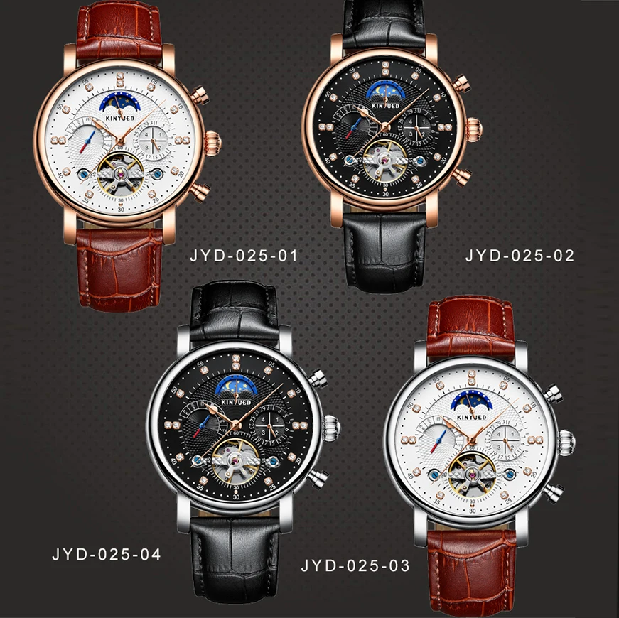 KINYUED Tourbillon механические часы мужские роскошные модные брендовые мужские многофункциональные автоматические часы с каркасом из натуральной кожи