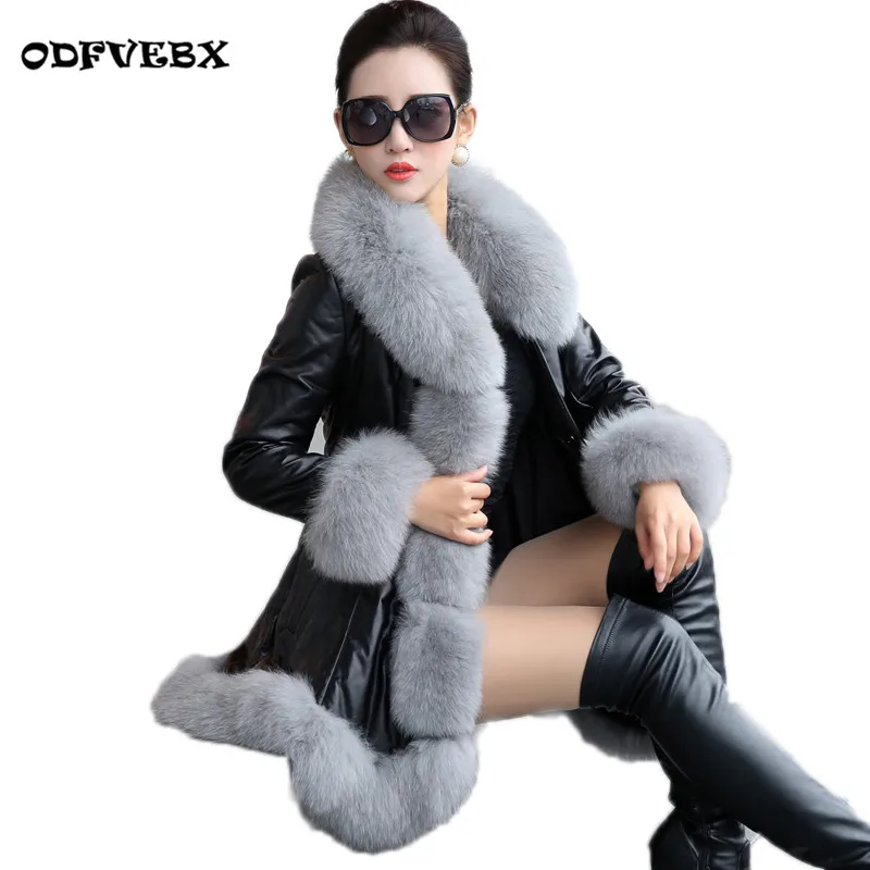 Boutique Winter new women pu leather coat fashion fox fur