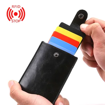 

Genuine Leather Hasp Credit Card Holder Case RFID Blocking Pull-type minimalist Wallet Pulling Strap Purse 343