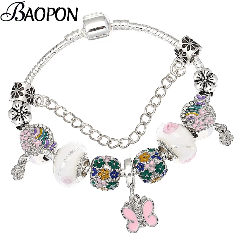 

BAOPON Hight Quality Colorful Murano Rainbow Beads Charm Bracelet Fits With Butterfly Pendant Brand Bracelet For Women Jewelry