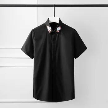 

Plus Size 4xl Summer Mens Shirts Luxury Rose Embroidery Collar Short Sleeve Casual Shirt White Black Party Nightclub Shirts Man