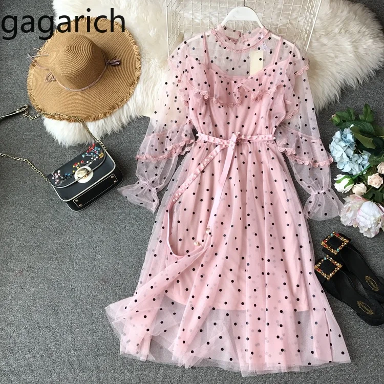 

Gagarich Voile Dress Spring Summer 2019 New Fairy Two-piece Base High Waist Slimming Mesh Lace Woman Midi Dresses
