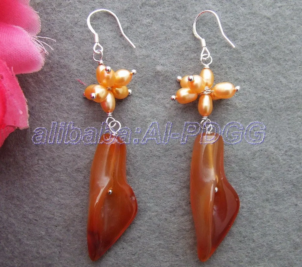 

Pearl&Carnelian Flower Earrings free shipment