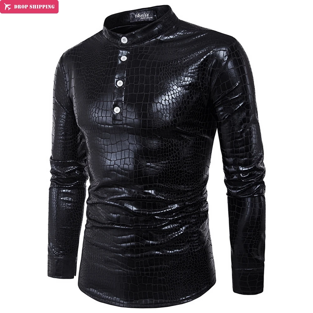 Night Club Wear Men's Elastic Shirts Slim Fit Fashion Metallic Shiny