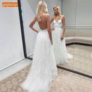 

Sexy White Lace Tulle Slim Fit Backless Wedding Dresses 2020 Sweetheart A Line Bridal Dress Customized Ivory Beach Wedding Gowns