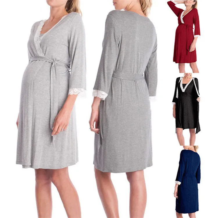 Robe com Cinto Moda Rendas Retalhos Maternidade Pijamas Três Quartos Mangas Vestidos Roupas Femininas Grávidas 9 Cápsulas de dormir