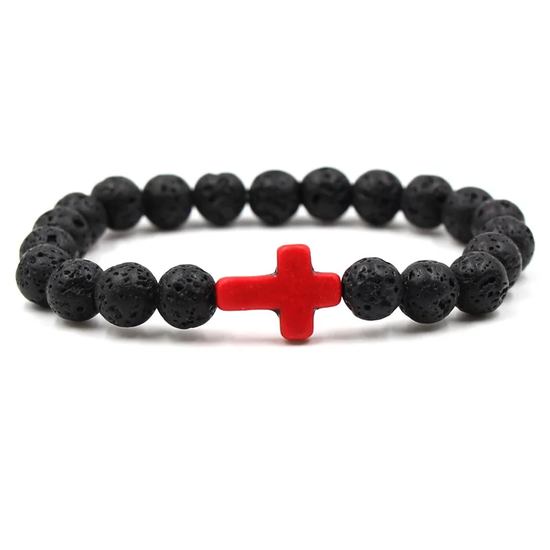 

Classic Natural Stone Bracelet Red Cross Black Lava Matte Beaded Bracelets Handmade Men Women Prayer Chain Couple Jewelry Gift