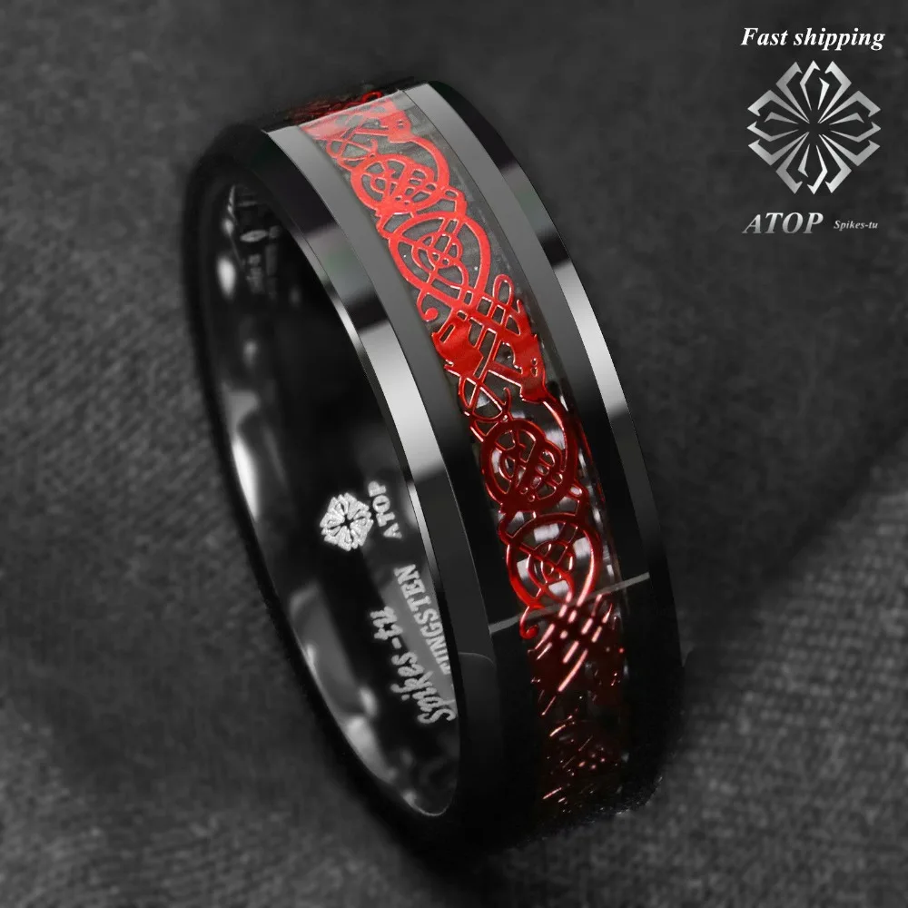 8mm Black Tungsten Ring Red Celtic Dragon Black carbon