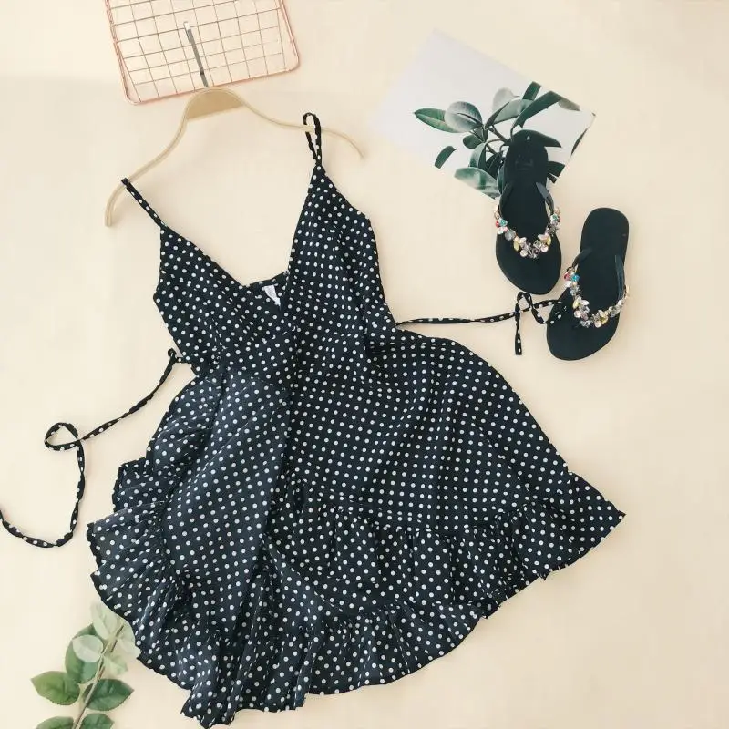 ALPHALMODA Summer Women Ruffled V-collar Sleeveless Sling Dress Popular Polka Dot Prints Irregular Ruffled Holiday Vestidos