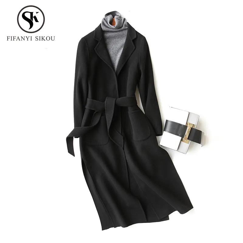 

2018 Winter Women 100%Wool Coat High quality Double-sided cashmere Long Coat Womens Elegant Slim Woolen Coats Handmade Overcoat