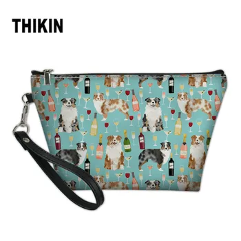 

THIKIN Women Makeup Bag Australian Shepherd Wine Animal PU Leather Cosmetic Bag Beautician Necessary Portable Storage Case