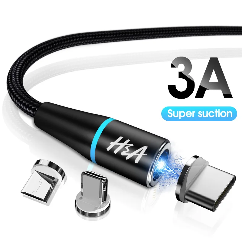 Магнитный Micro USB кабель H& A, 1 м, 3 А, кабель для быстрой зарядки и передачи данных для Apple iPhone 7 XS, магнитное зарядное устройство, кабель type-C для samsung S10