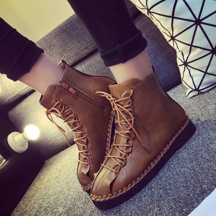 

flat front leather shoes lace bare ankle martin boots round women shoes