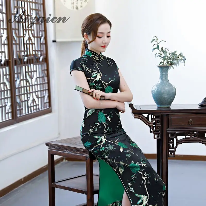 Восточный стиль ретро длинный Cheongsam черный Chinoise тонкий Qi Pao для женщин Китайская традиционная одежда платье Ципао Женская Роба в восточном