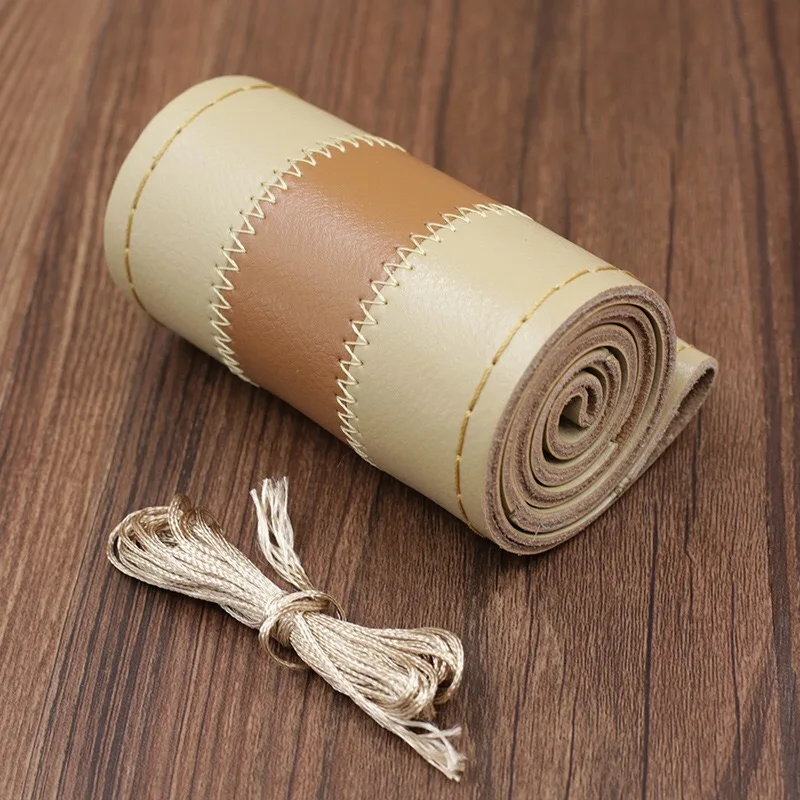 

DIY 38CM Spell Color Steering Wheel Cover Genuine Leather Cowhide Car Steering Wheel Cover Hand Stitched Braid Auto Accessories