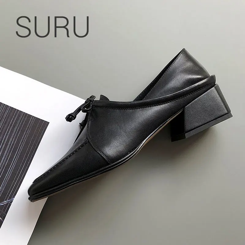 

SURU Ladies Real Leather Square Toe Loafer Shoes Women Lace Up Casual Shoes With 8cm Flare Heels Pumps
