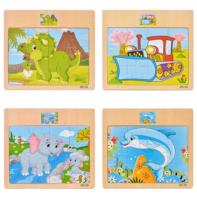 Wooden Children's Toys 12 Pieces Cartoon Puzzle Cartoon Animals/Transportation Cognitive Toys Intelligence Teaching Aids