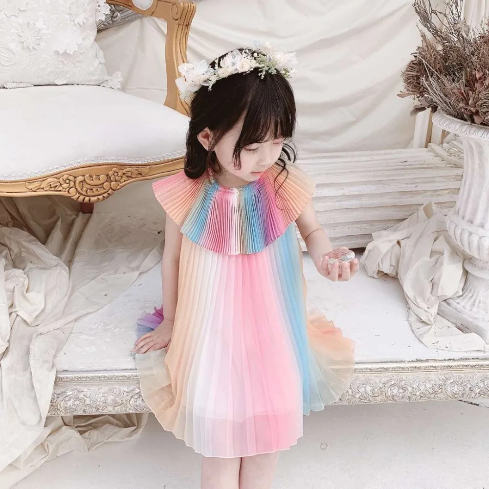 Радужное платье для девочек; коллекция года; милые летние платья для девочек; платья принцессы; шифоновое платье феи из ткани; одежда для маленьких девочек