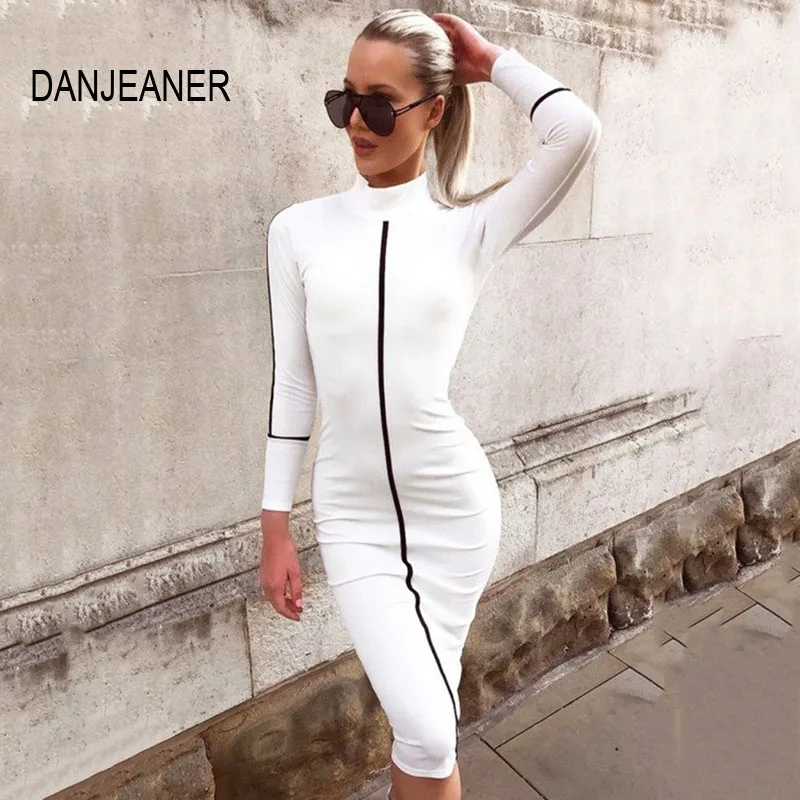 DANJEANER 2019 осеннее женское облегающее белое платье с длинным рукавом и