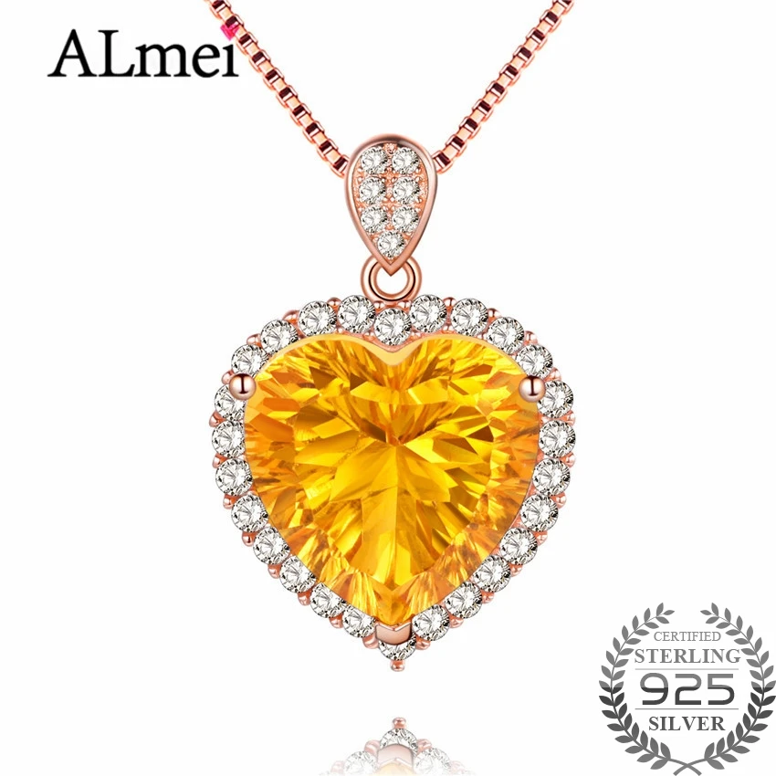 

Almei Natural Gemstone Citrine Halo Necklace & Pendant 925 Sterling Silver Rose Gold Color Fine Jewelry with Chain Box 40%FN016