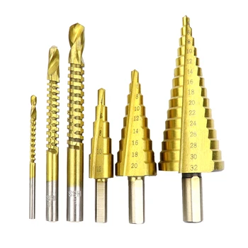 

6pcs Titanium Coated Step Drill Bits Set 4-32mm HSS Drill Bit With Hole Grooving Drill Saw Carpenter Woodworking Tools