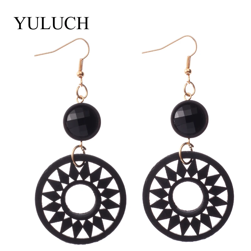 

Wheel Gear Drop Wood Earrings Trendy Women BLACK/BROWN Jewelry Hollow Design New Products Resin Crystal Stone Earrings For Women