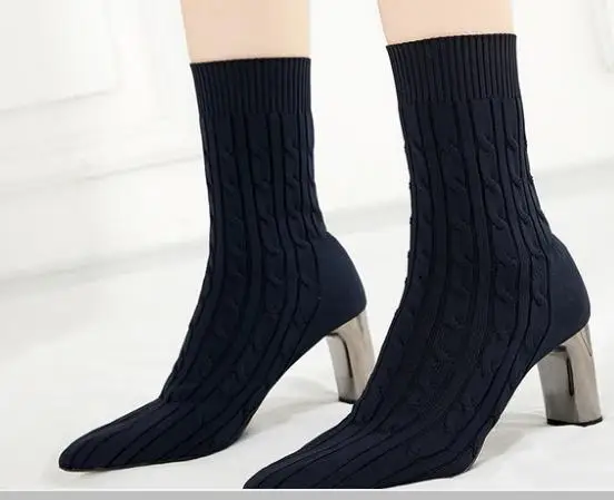 

Baimier Winter Handmade Knitting Women Sock Boots Pointed Toe Slip On Ankle Boots.