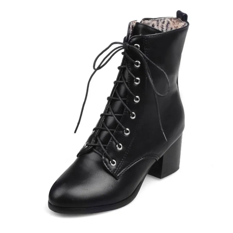 Осенне-зимние женские ботинки размера плюс 34-45 Дамские кожаные ботинки на шнуровке на высоком каблуке Sapatos зимние ботинки на квадратном каблуке - Цвет: as photo thin fur