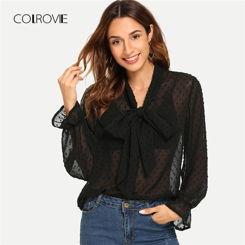 COLROVIE Black Elegant Sheer Tie Neck Polka Dot Blouse Shirt Women 2018 Autumn Long Sleeve Blouse Sexy Women Tops And Blouses COLROVIE Black Elegant Sheer Tie Neck Polka Dot Blouse Shirt Women 2018 Autumn Long Sleeve Blouse Sexy Women Tops And Blouses