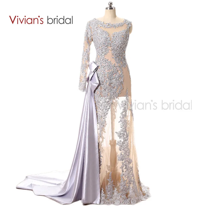 Jedno Ramię Z Długim Rękawem Koronka Mermaid Suknie Wieczorowe Tulle Satin Olśniewająca Paciorkami Suknie Suknie Wieczorowe Formalna