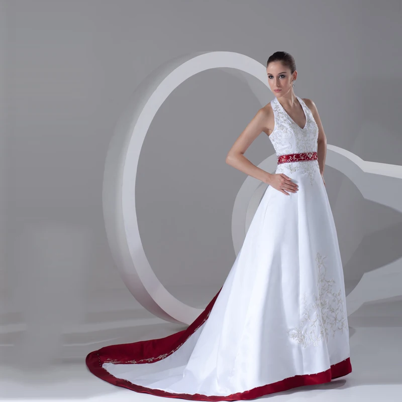 Элегантное бордовое Белое Атласное Свадебное Платье с вышивкой винтажное платье на бретелях с бисером Vestidos De Novia с поясом