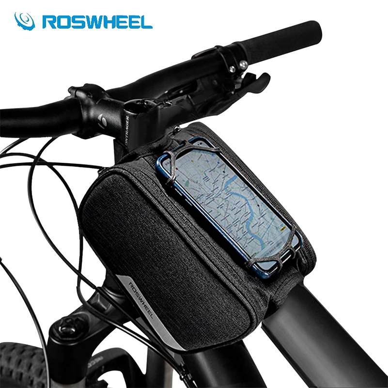 

ROSWHEEL Waterproof Bicycle Bags with Phone Holder Cycling Panniers Frame Front Tube Bag 1.5L 300D Fabric MTB Road Bicycle Bags
