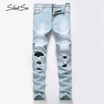 

Silentsea Men Fashion Brand Designer Ripped Biker Jeans Distressed Hole Brand Denim Joggers Destroyed Knee Brand Jeans