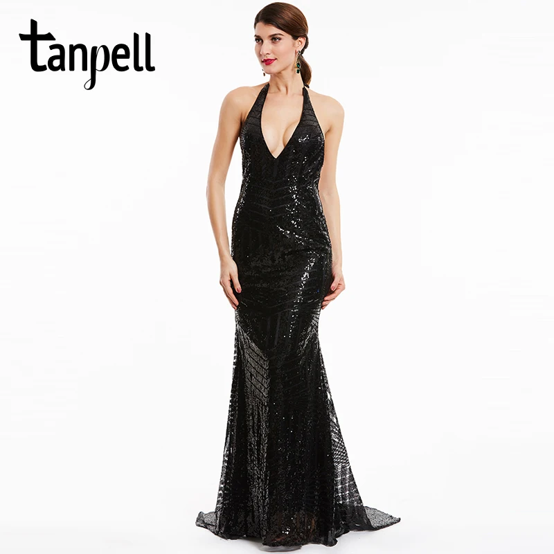 

Tanpell backless evening dresses black halter sleeveless sweep train mermaid gown women sequins party formal long evening dress