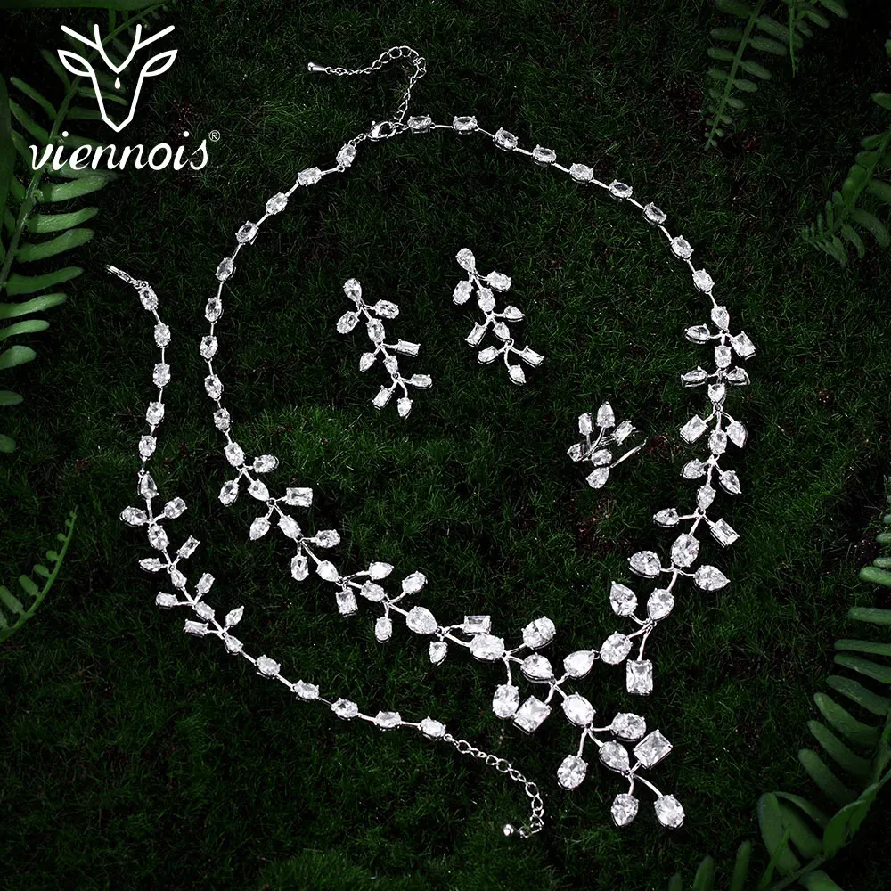 

Viennois Silver Color Rhinestone Jewelry Sets for Woman Leaf Shape Necklaces Earrings Ring Bracelet Set Rhinestone Jewelry