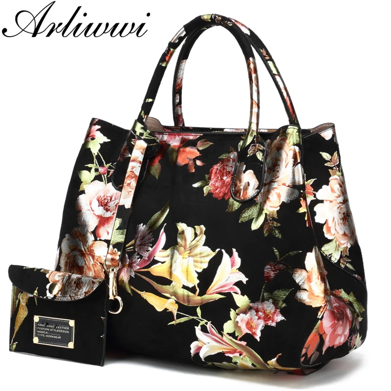 

Arliwwi Brand High Quality Faux Leather Ladies Floral Handbags New Lily Blossom Shiny Women Elegant Tote Bags Large Capacity