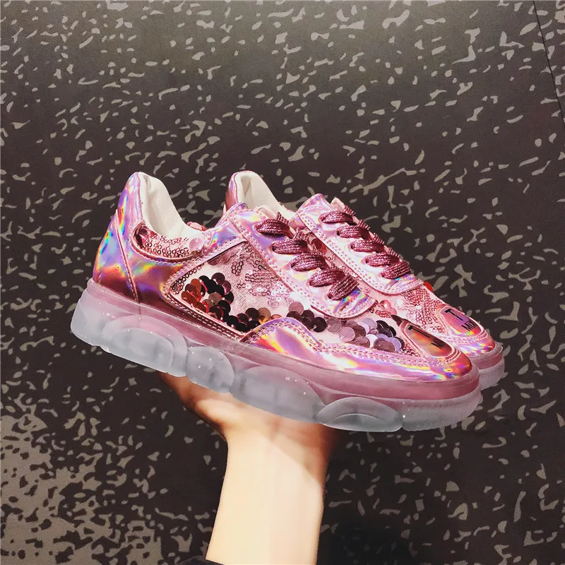 

Sneakers Shoes Female Sneaker Soft Summer New Daddy Shoe Transparent Sole Laser Dazzling Sequin Chunky Sneakers Women Casual