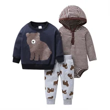 Комплект одежды для новорожденных, детский мультяшный медведь, свитер с длинными рукавами+ комбинезон в полоску+ штаны, коллекция года, осенняя одежда зимняя одежда для новорожденных мальчиков
