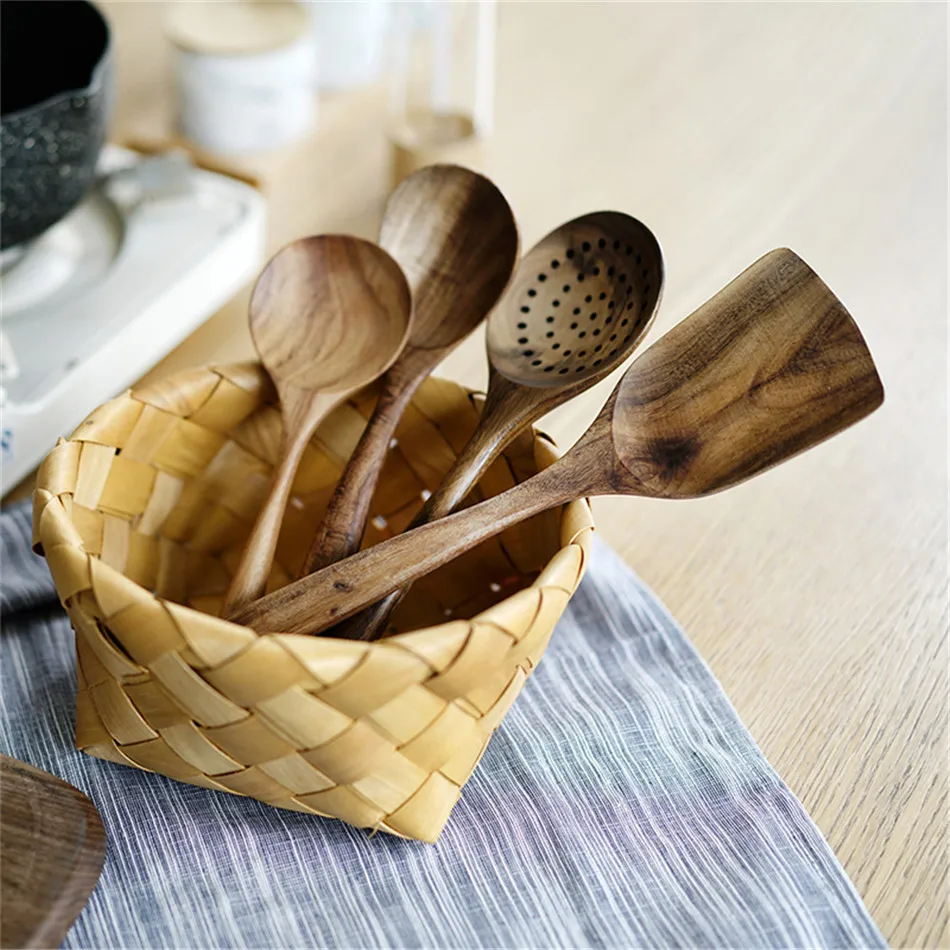 Деревянная ложка из тайского тикового дерева, посуда для супа, риса, приправа, ложка-Лопатка, дуршлаг, посуда для кухни, инструменты для здоровья, 1 шт